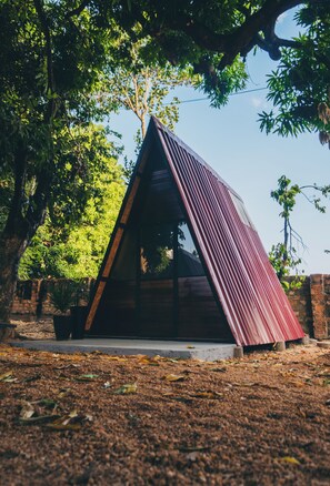 A triangular metal structure with a glass facade, surrounded by trees and a brick wall.