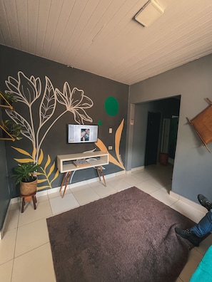 A living room with a flat-screen TV on a stand, a potted plant, a brown rug, and a person sitting on a couch.