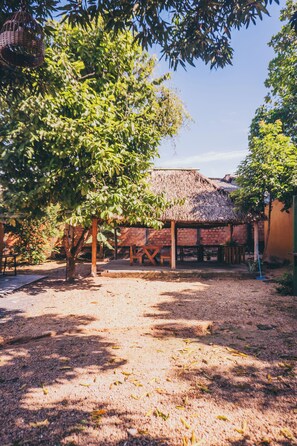 A rustic outdoor area with a thatched-roof structure, wooden benches, and a tree providing shade.