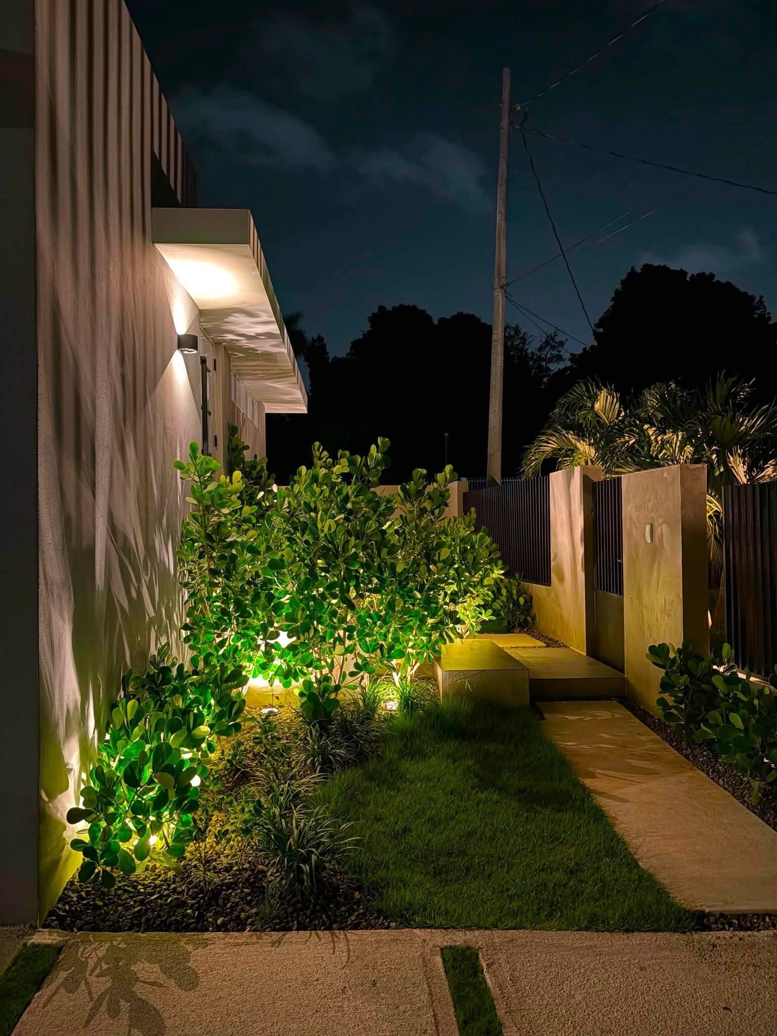 A modern outdoor space with a pathway leading to a building, surrounded by greenery and illuminated by artificial lighting.