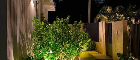 A modern outdoor space with a pathway leading to a building, surrounded by greenery and illuminated by artificial lighting.