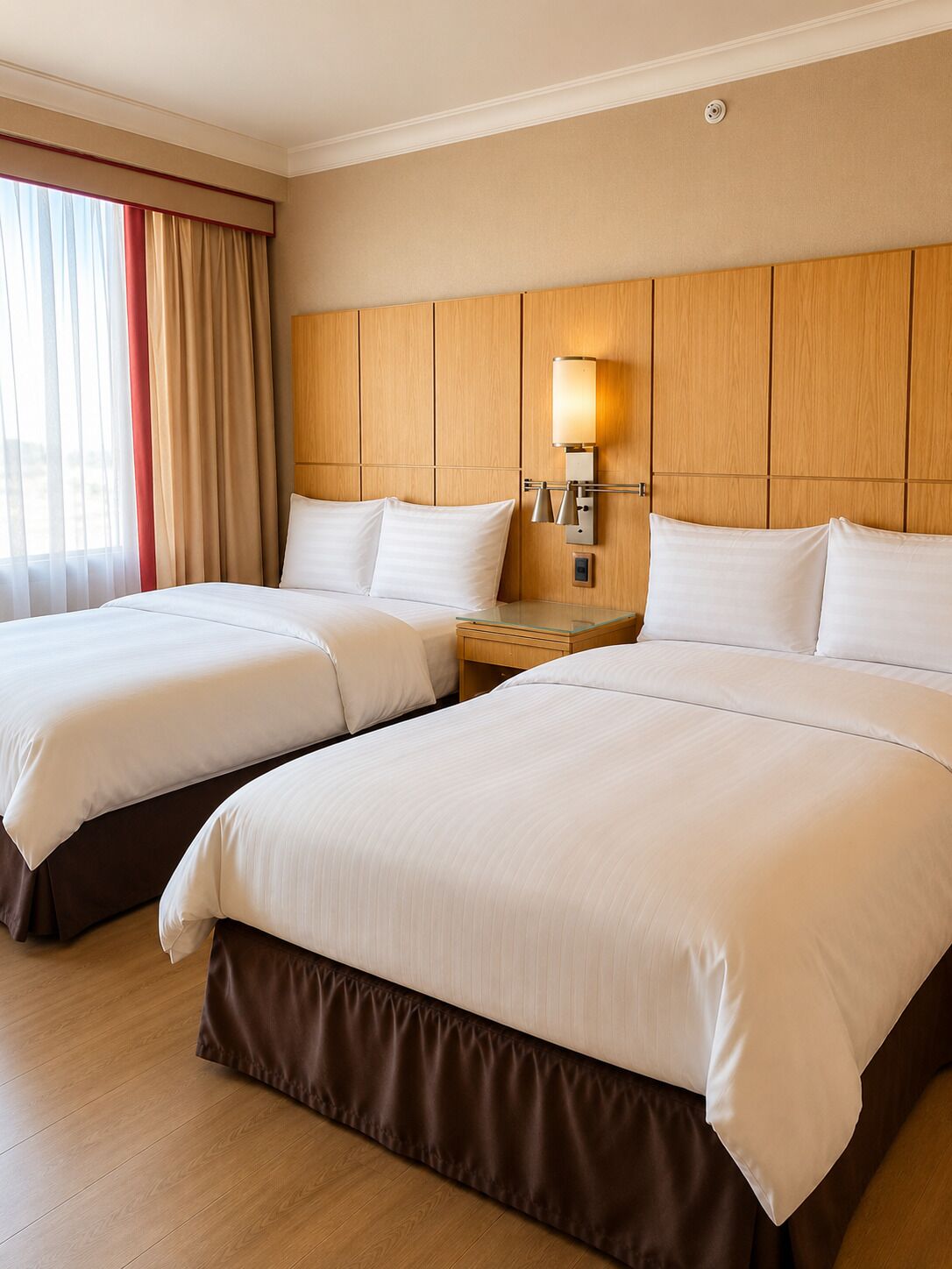 A hotel room with two beds, a nightstand, and a wall-mounted lamp.