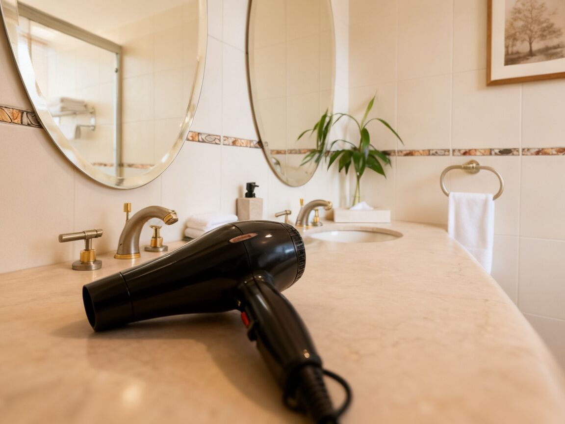 A bathroom with a hairdryer on the counter, a sink, a mirror, and a plant.