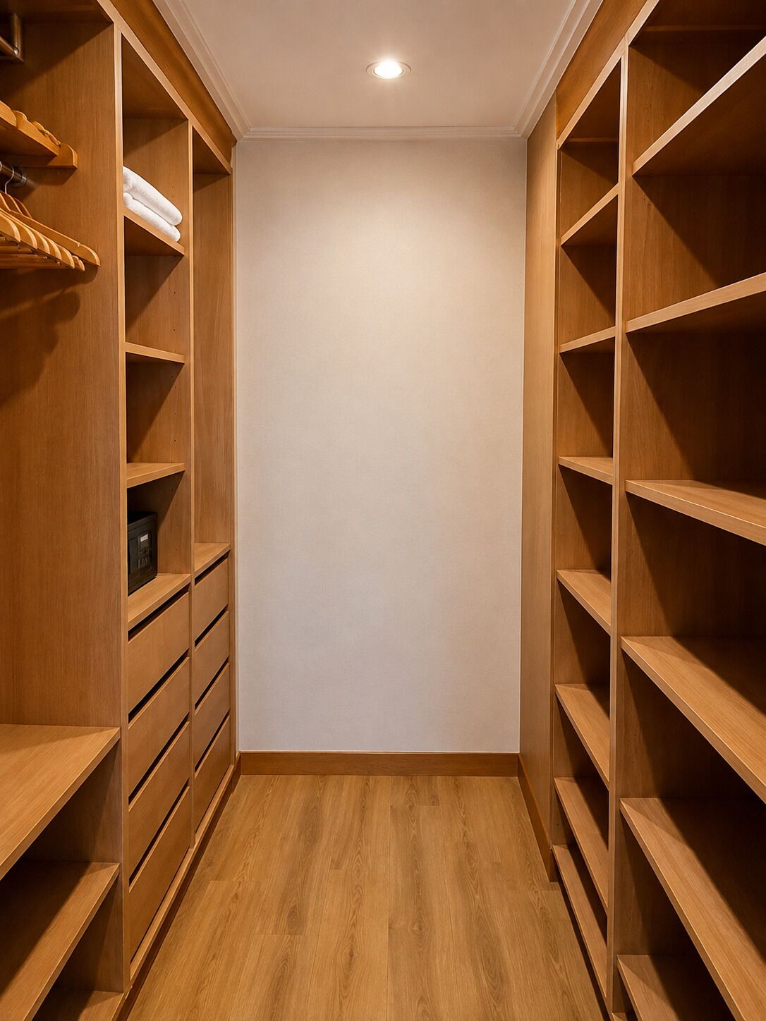A walk-in closet with wooden shelving and drawers, a white wall, and a wooden floor.