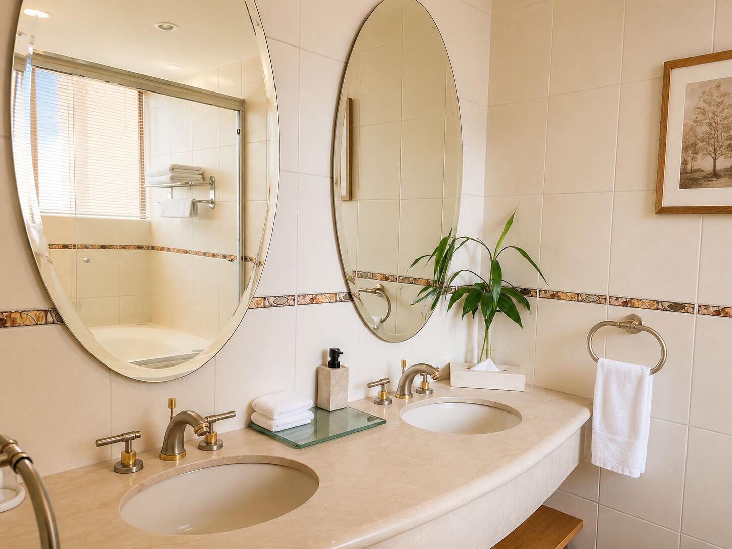 Un baño con dos lavamanos, un espejo, un perchero para toallas y una planta en maceta.