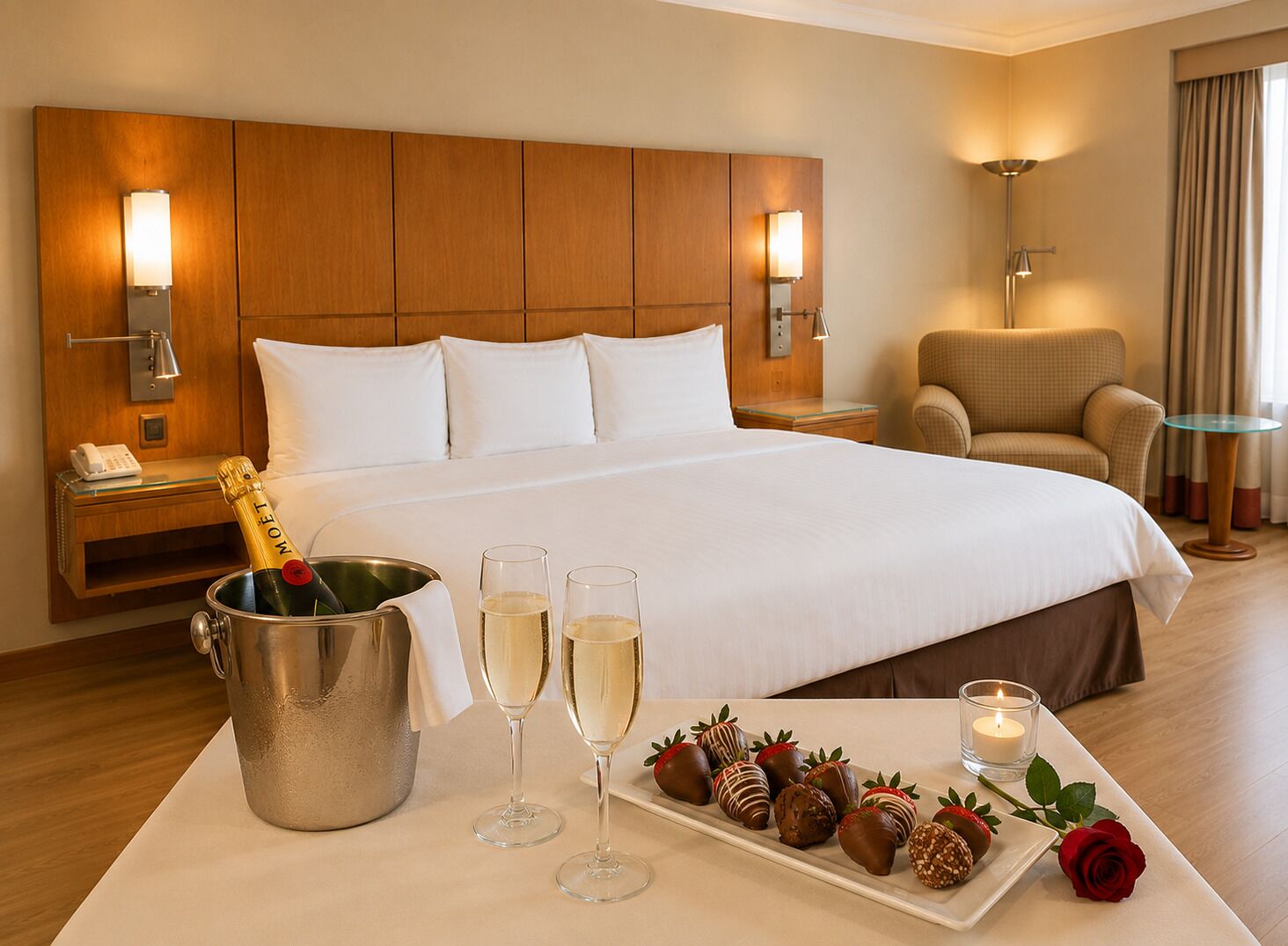 Habitación de hotel con una cama grande, lámparas de noche, un minibar, una mesita de noche con teléfono, una mesa de vidrio con champán, copas y fresas cubiertas de chocolate.