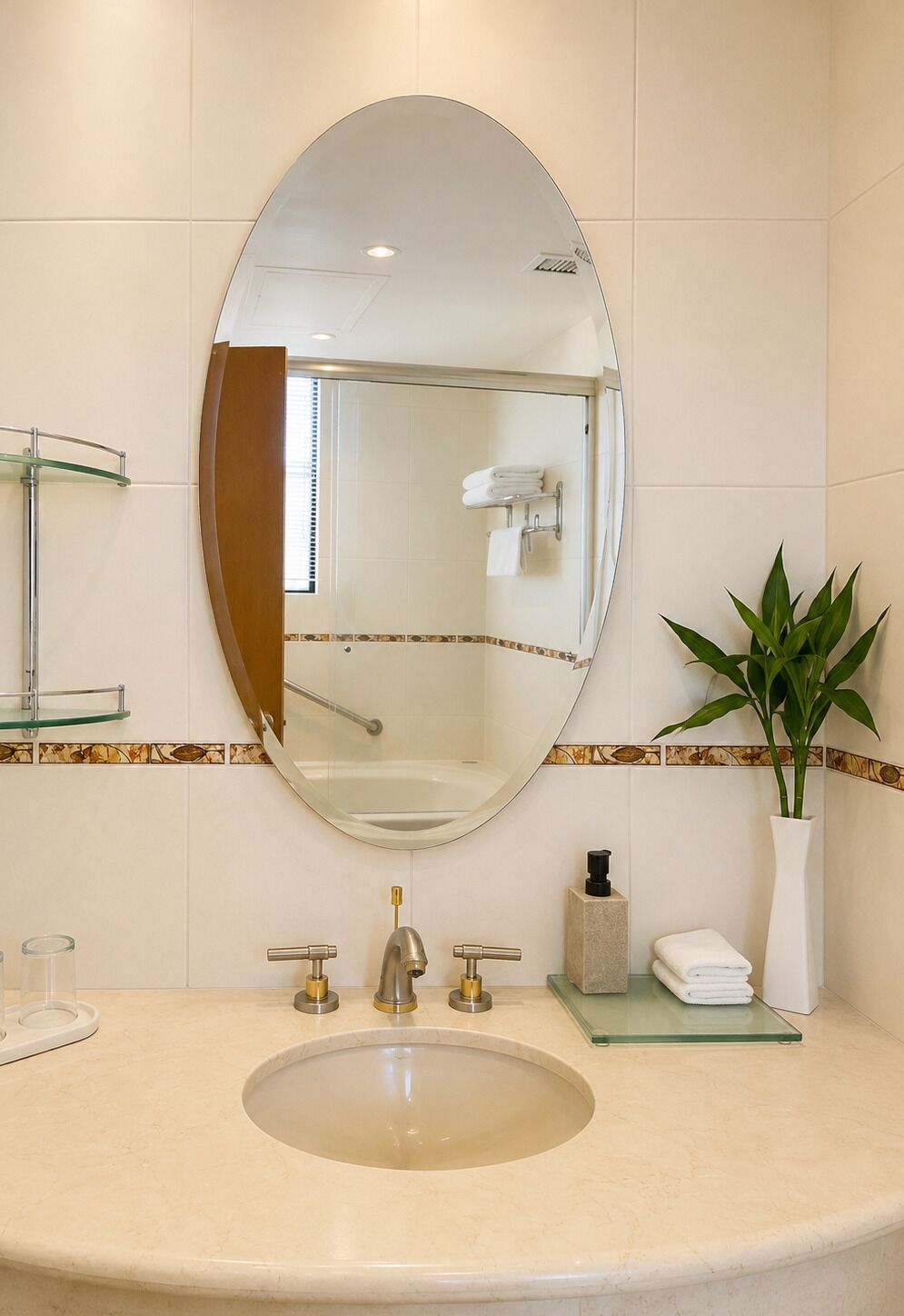 A bathroom with a large oval mirror, a sink with two faucets, a glass shelf, and a potted plant.