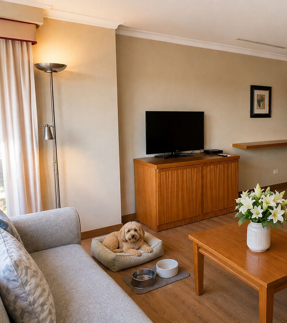 Un salon comprenant un canapé, un panier pour animaux de compagnie, un téléviseur posé sur un meuble en bois, une table à manger et un vase avec des fleurs.