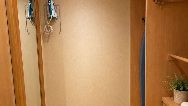 A walk-in closet with wooden doors, a hanging rack, and a small plant on a wooden dresser.
