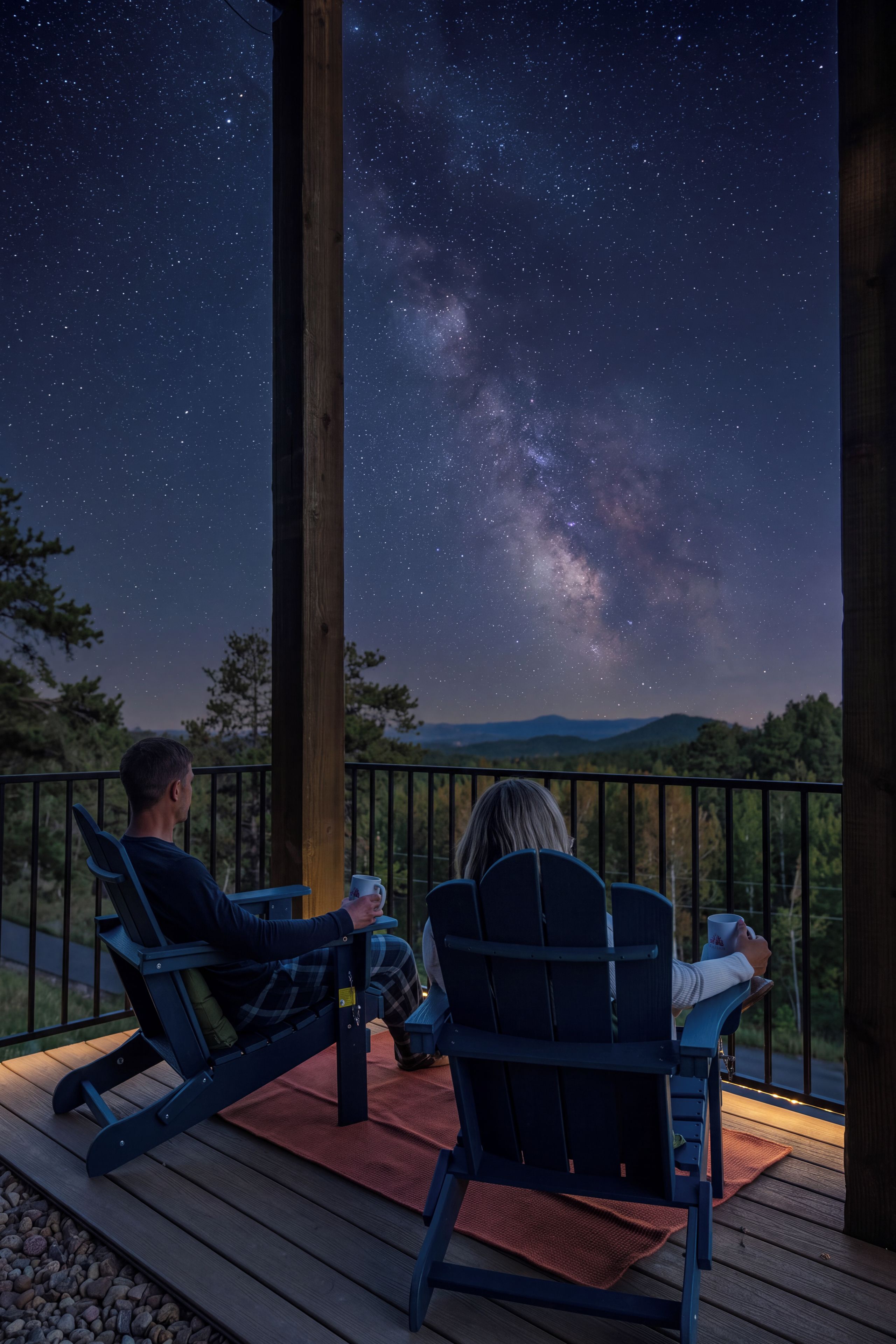 Two people seated on deck chairs under a night sky with stars and the Milky Way visible.