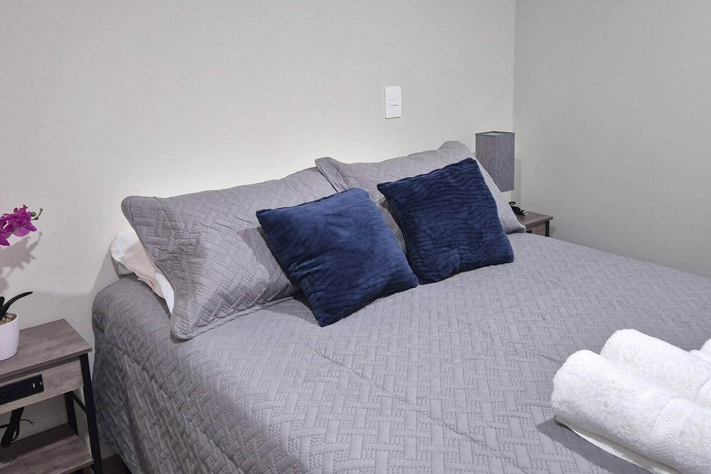 A neatly made bed with a grey quilt and two pillows, a bedside table with a lamp, and a small potted plant on the left.