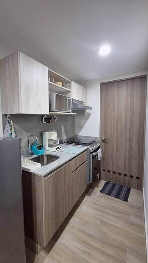 A compact kitchen with a sink, stove, and cabinets. - 103 Insurgentes Nayeli (Mexico City)