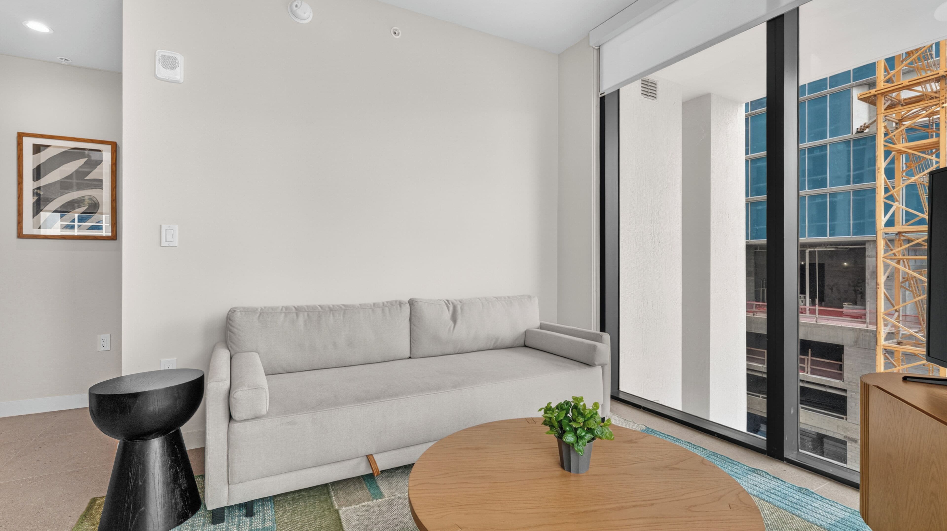 A modern living room with a sofa, a round wooden coffee table, and a potted plant.