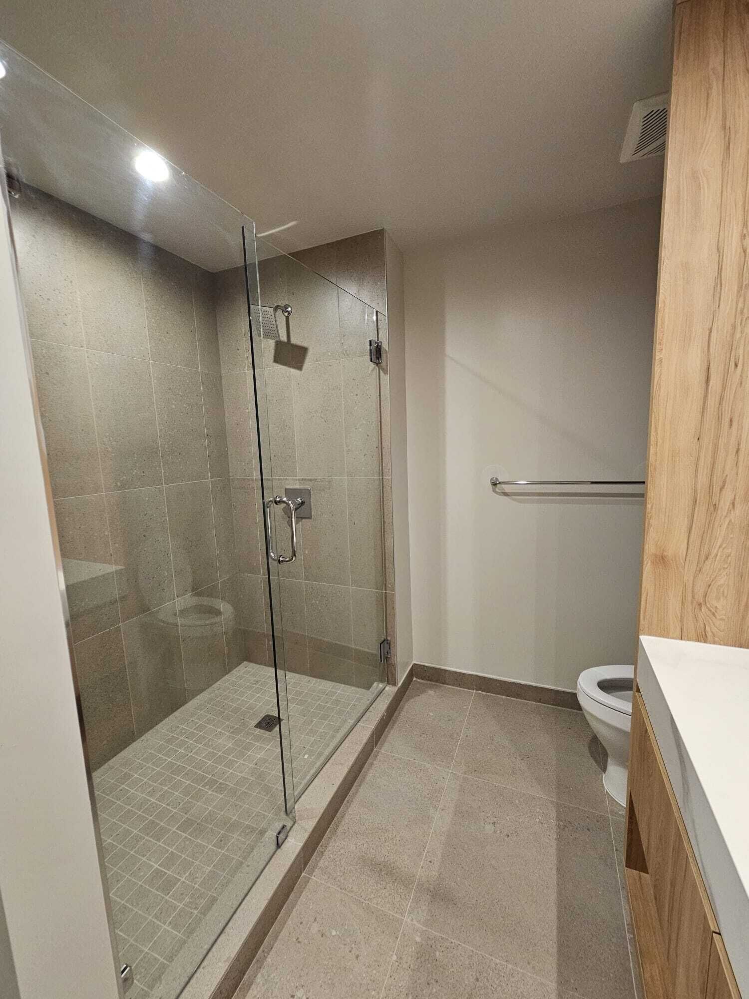 A modern bathroom with a glass-enclosed shower, a toilet, and a wooden vanity.