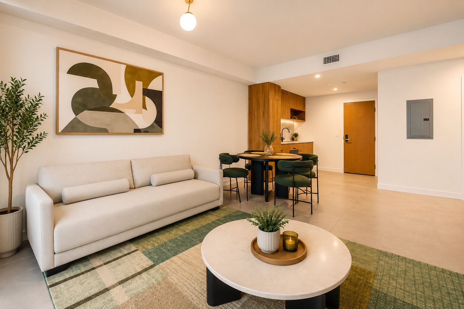 Una sala de estar moderna con un sofá, una mesa de centro y un comedor con sillas y una mesa.