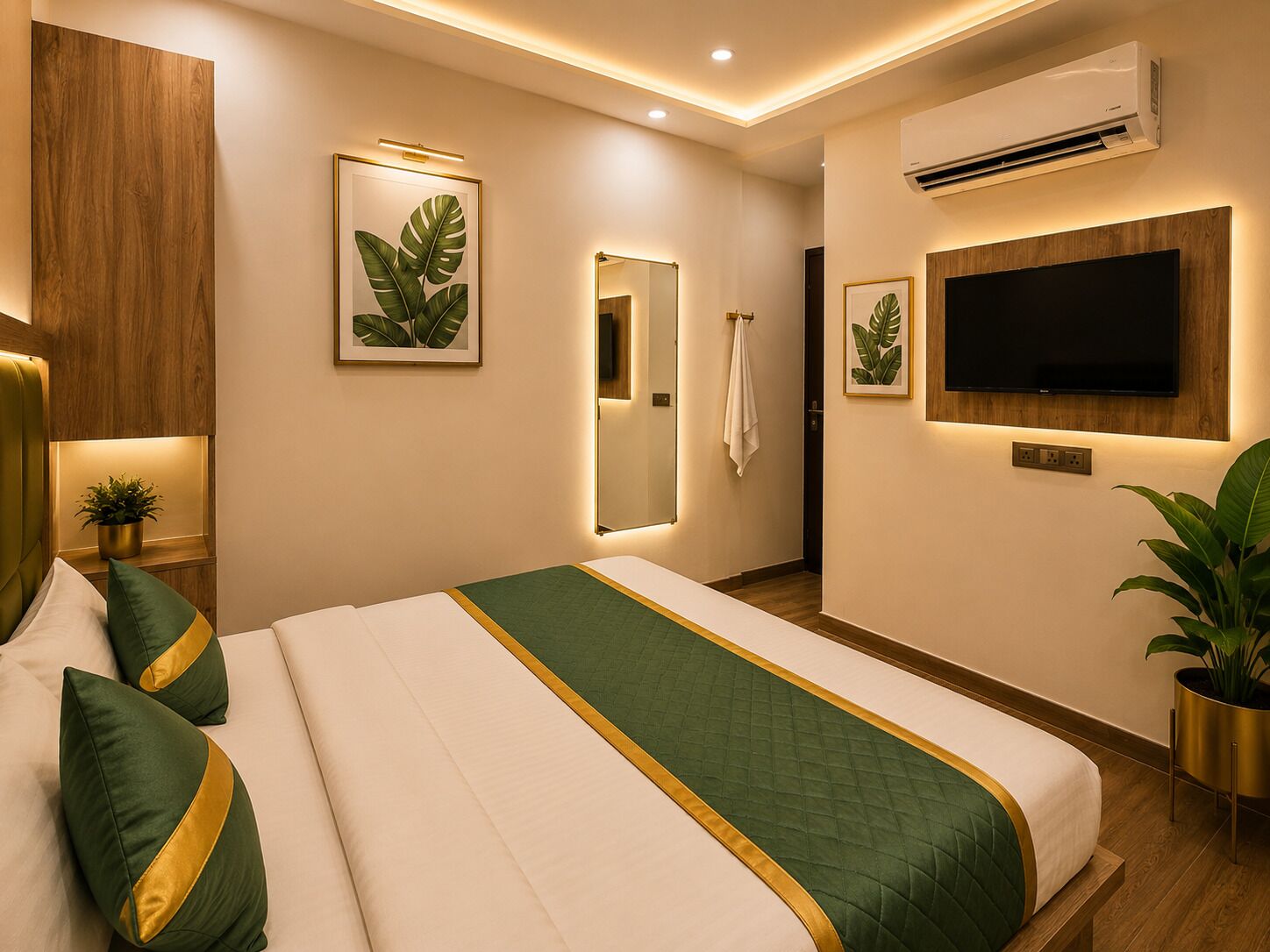 A hotel room with a bed, a television, a mirror, and a potted plant.