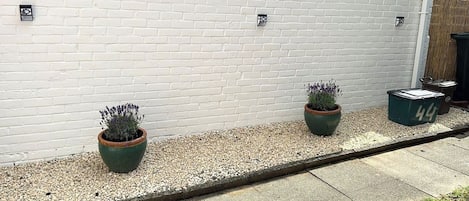 A white brick wall with two potted plants and a trash bin.