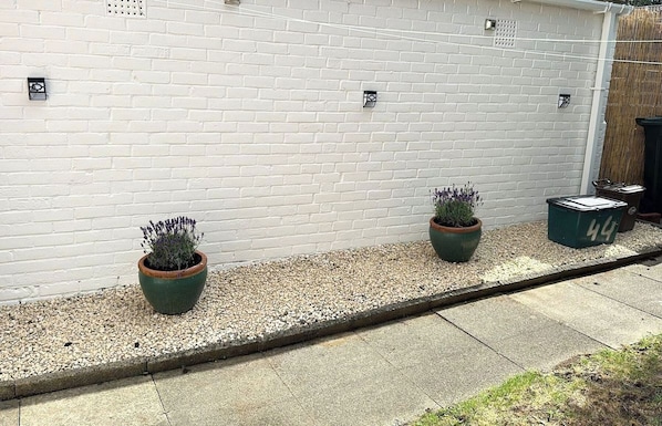 Un mur en briques blanches, avec deux plantes en pot et une poubelle.