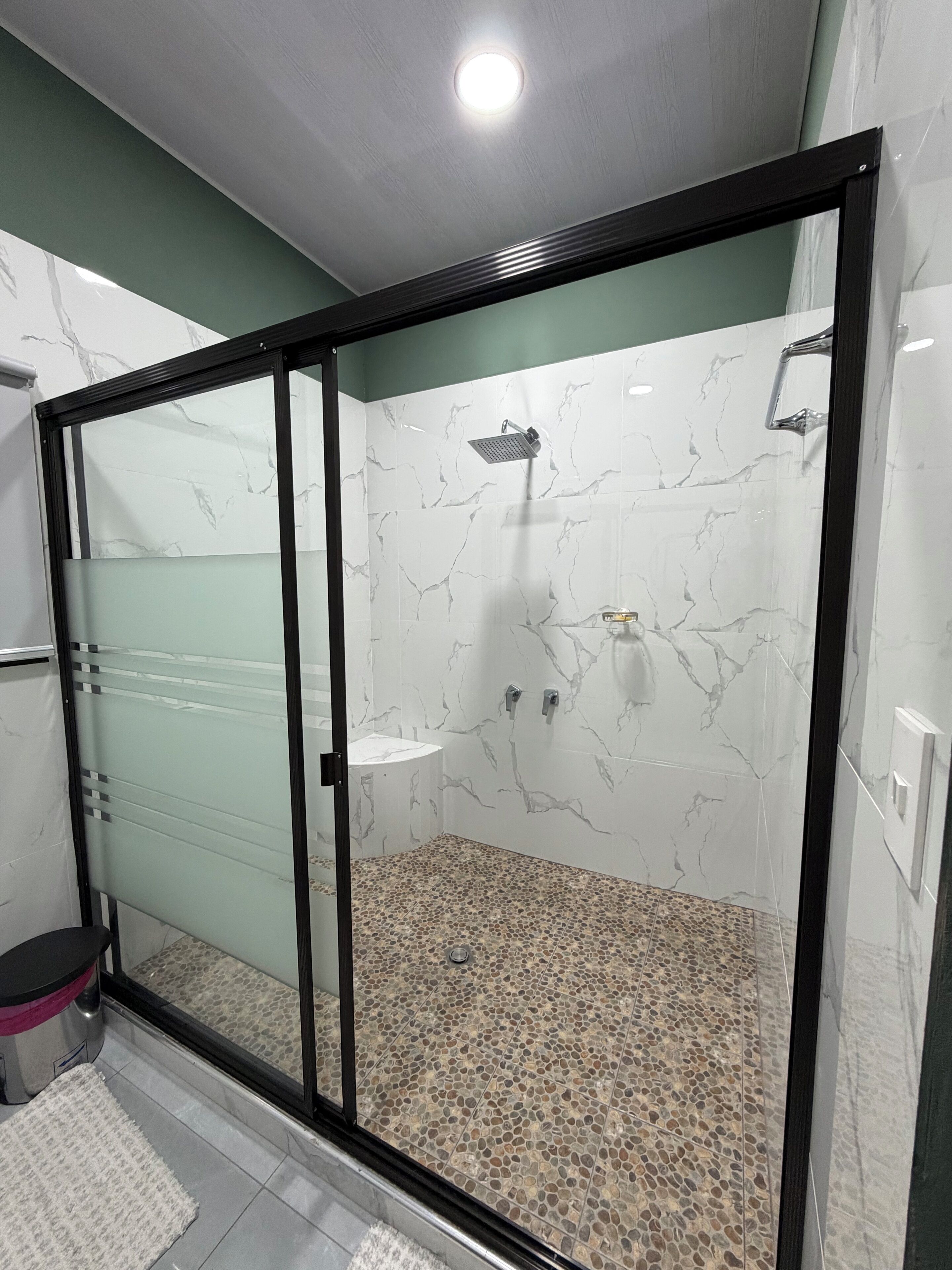 Habitación doble, vista a la alberca | Baño | Regadera, jabón, papel de baño 