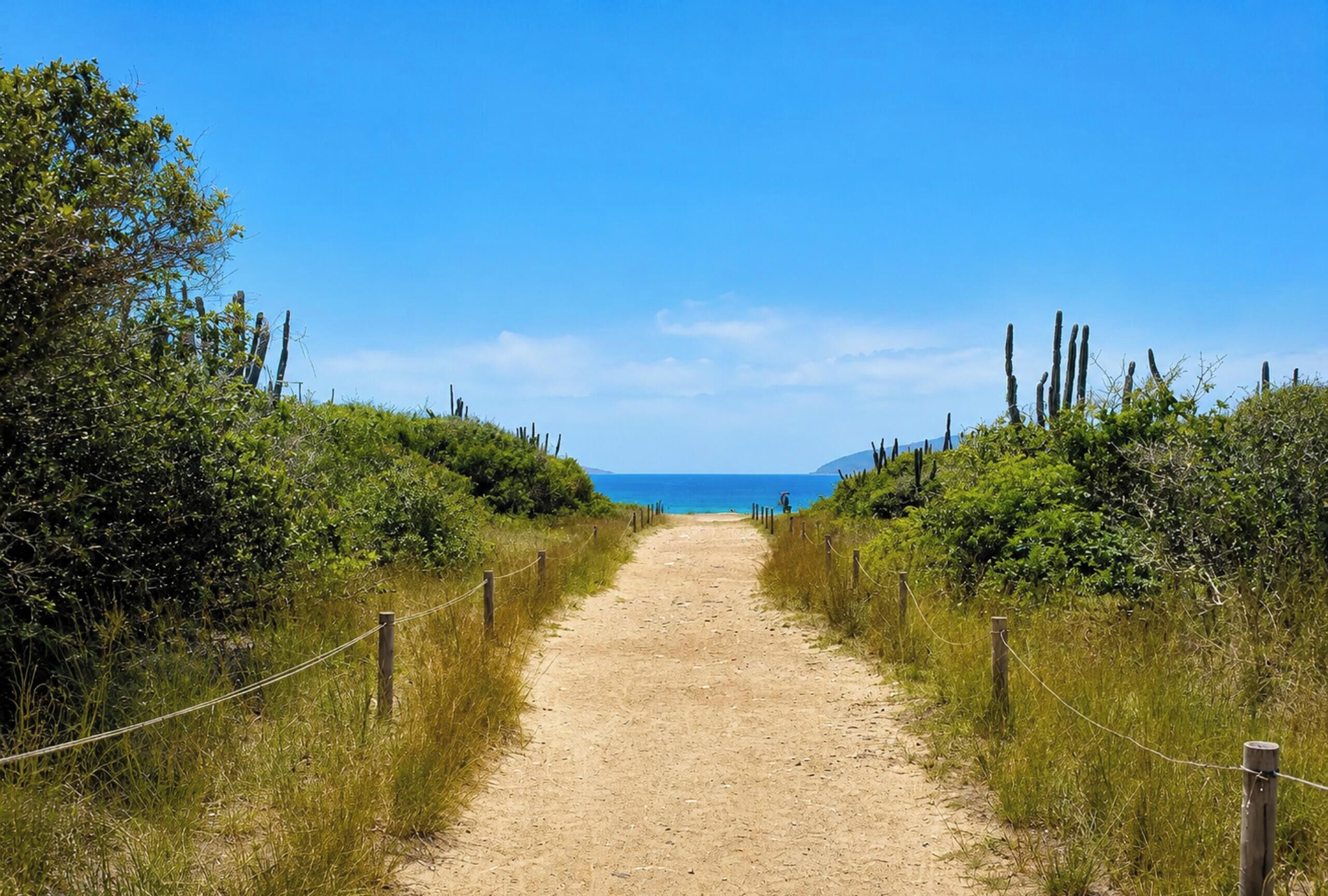 Un sentier de terre qui mène à une plage, avec un ciel dégagé.
