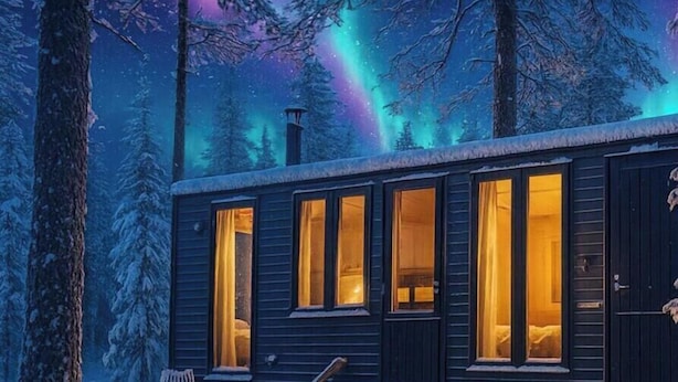 A cabin with multiple windows, a snow-covered ground, and a forested background.