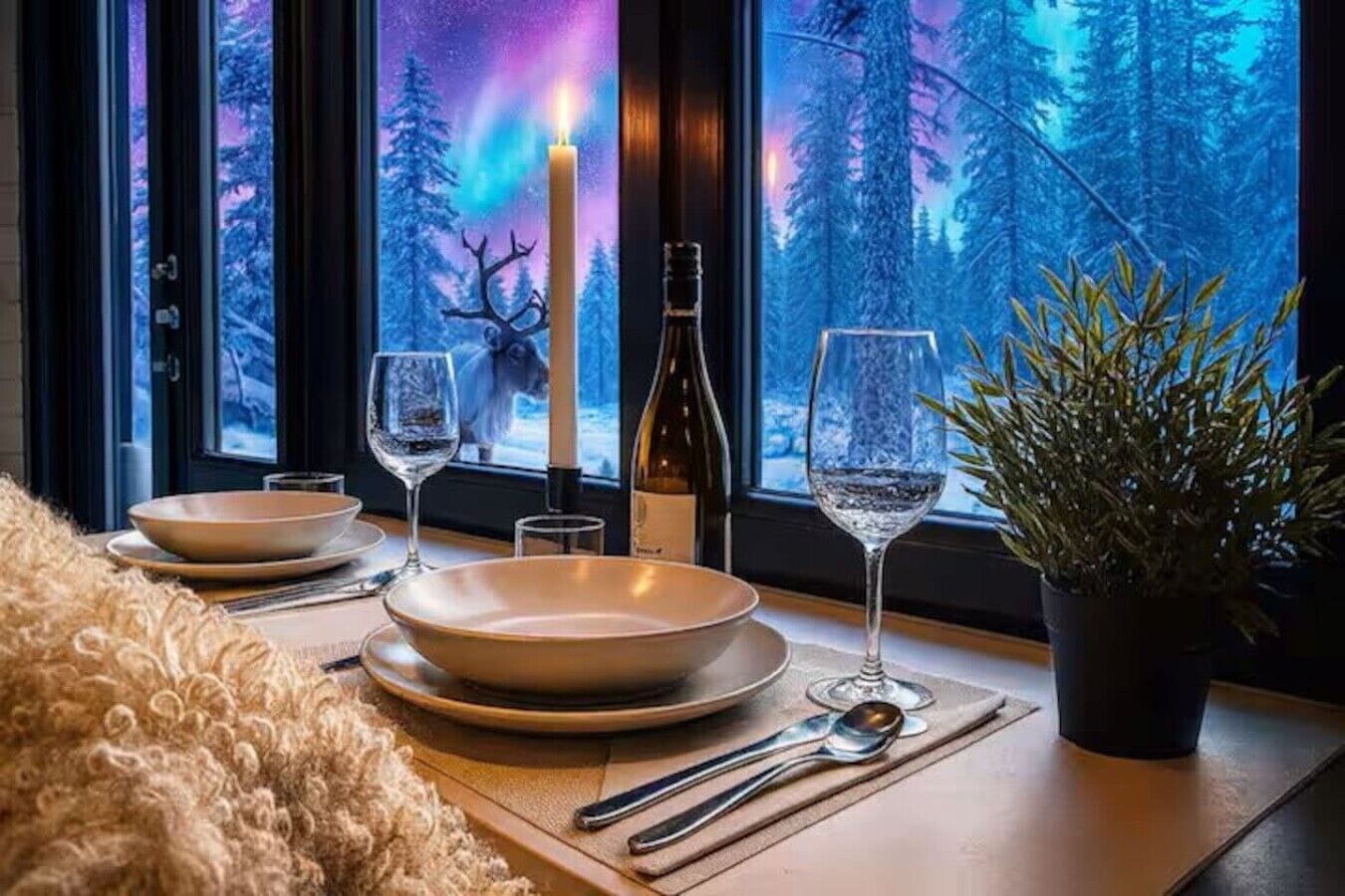 A dining table set with plates, glasses, a candle, and a bottle, with a view of a forest through the window.