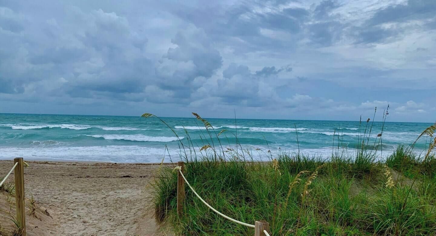 Una playa con un paseo de madera que conduce al agua, rodeada de césped y un cielo nublado.
