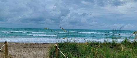 Una playa con un paseo de madera que conduce al agua, rodeada de césped y un cielo nublado.