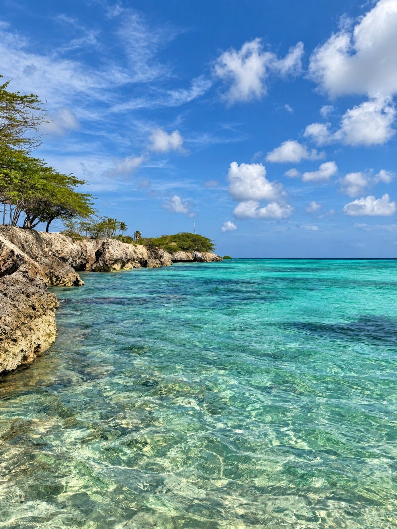 A coastal landscape with clear turquoise waters, rocky outcrops, and sparse vegetation.