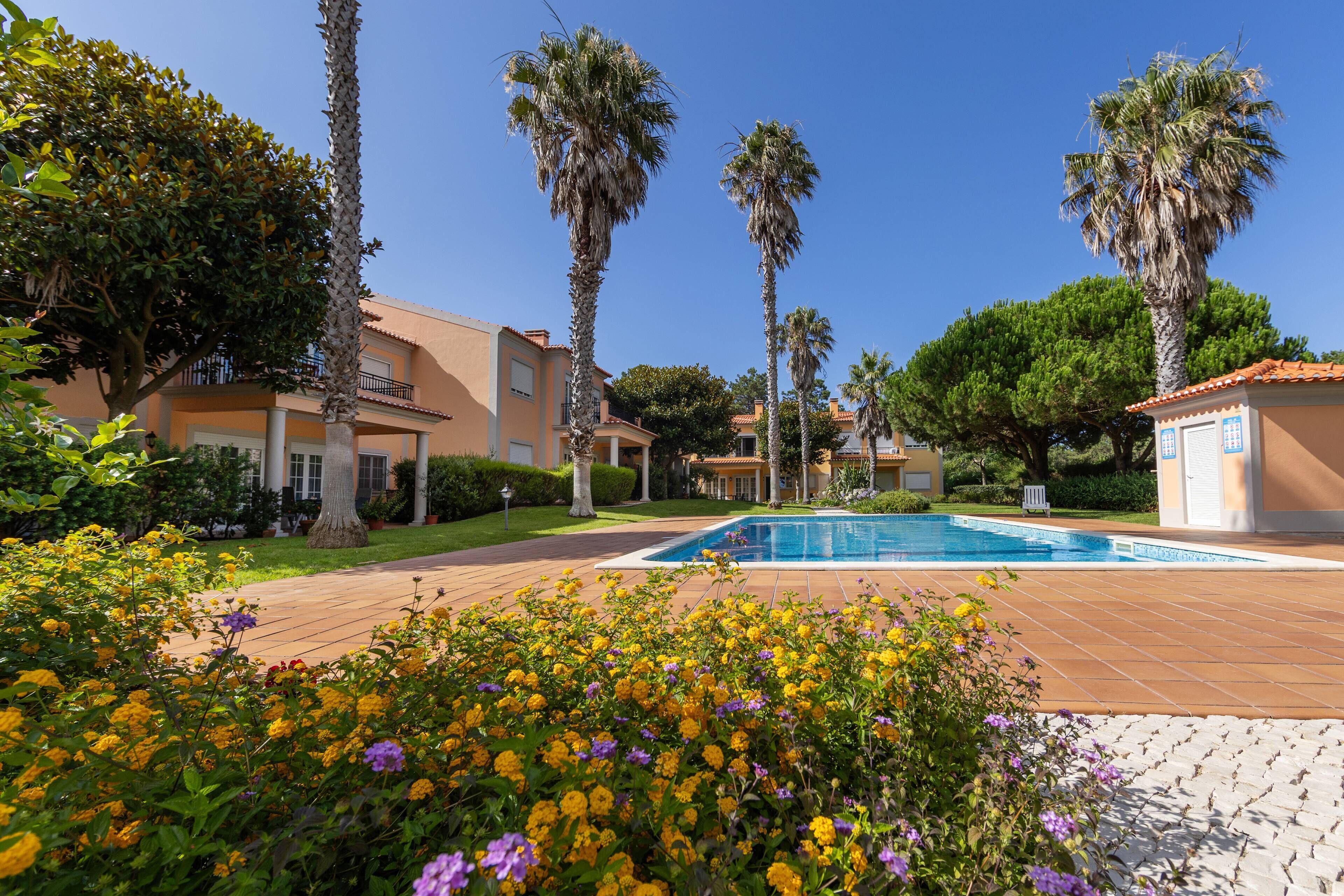 A pool area with a clear sky, surrounded by palm trees and a building with a tiled roof.