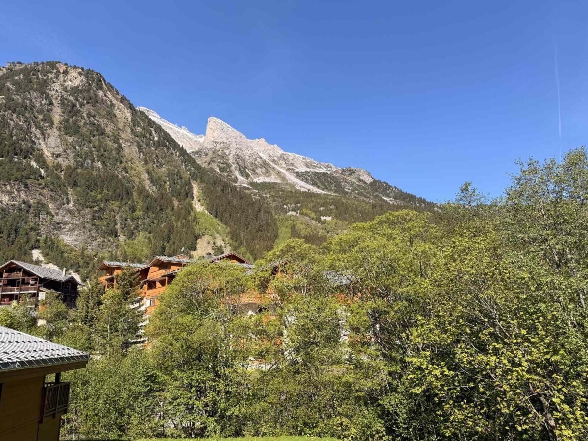 A mountain village with traditional wooden houses, a clear sky, and a prominent mountain peak in the background.