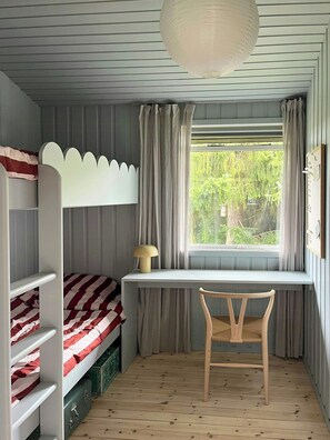 Ein Zimmer mit einem Etagenbett, einem Schreibtisch und einem Stuhl.