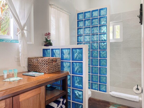 A bathroom with a shower area, a wooden vanity with toiletries, and a decorative blue glass partition. - North Beach Retreat Belize (San Pedro)