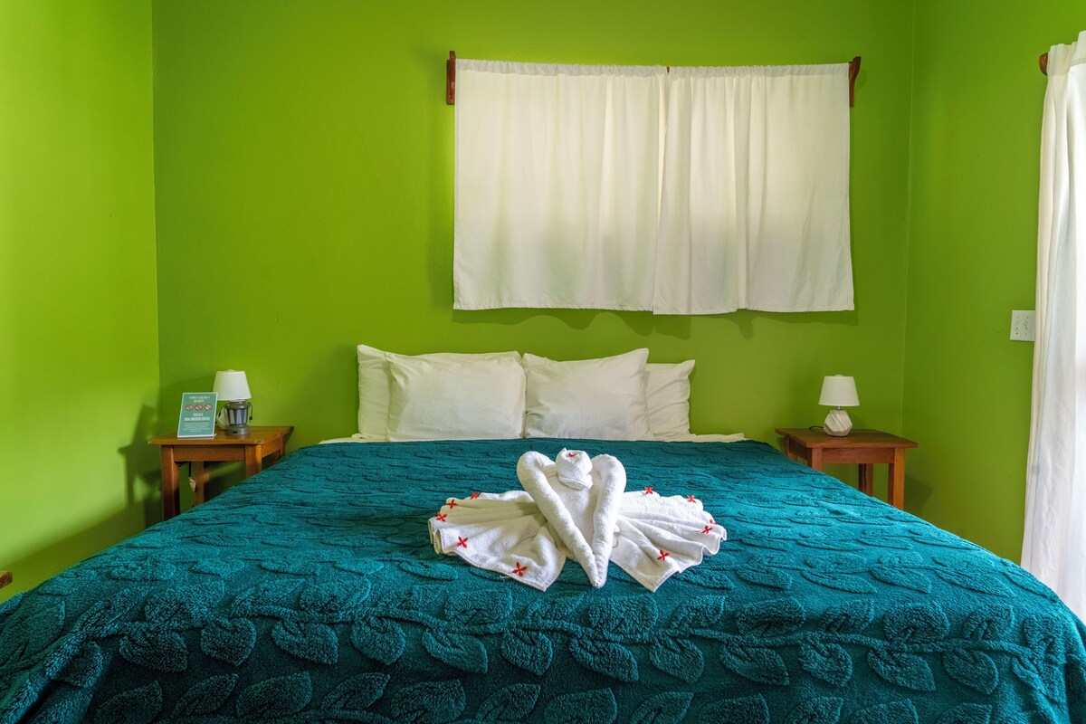 Habitación de hotel con cama, dos mesitas de noche, una pared verde y una cortina blanca.