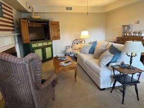 A living room with a sofa, armchair, coffee table, lamp, and a television on a cabinet. - Private apartment in quiet Athens neighborhood. Walk to UGA sports and campus. (Athens)