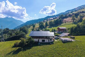 A rural house with a sloped roof, surrounded by lush green fields and mountains in the background. - Le Flocon - Petfriendly - Proche pistes (Hauteluce)