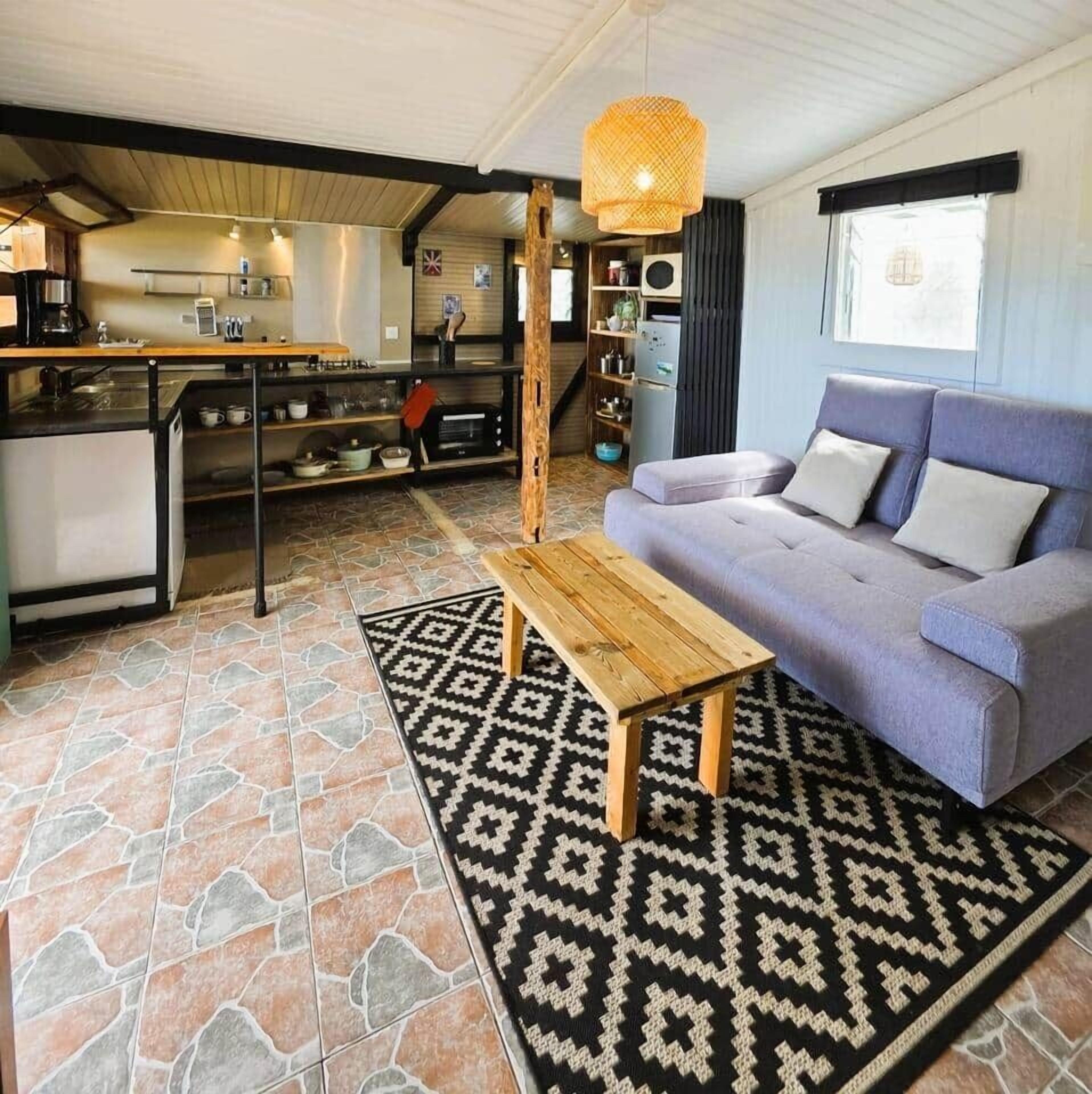 A compact living space with a kitchenette, a sofa, and a patterned rug.