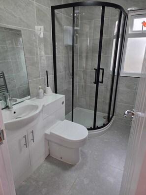A modern bathroom with a glass-enclosed shower, a white sink, and a toilet.