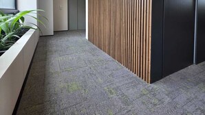 A modern interior with a reception desk, a plant, and a carpeted floor.