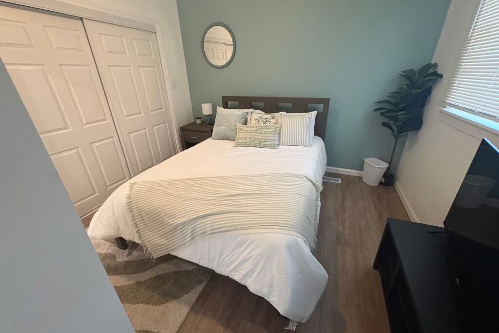 A bedroom with a bed, bedside table, lamp, and a potted plant.