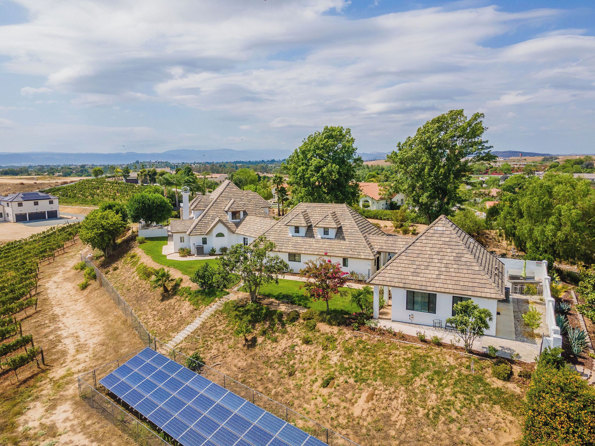 Un quartier résidentiel comprenant plusieurs maisons, un ensemble de panneaux solaires et un vignoble.