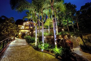 A nighttime view of a resort with a paved pathway leading to a building, surrounded by palm trees and tropical plants.