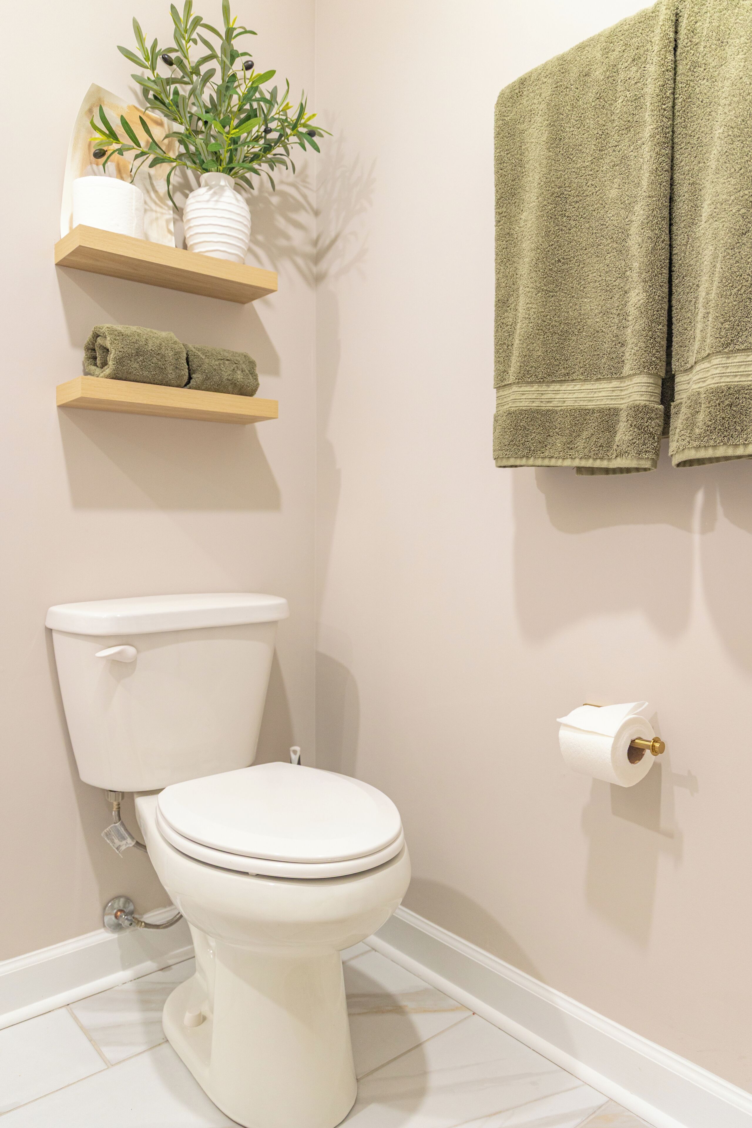 A bathroom with a toilet, a roll of toilet paper, a towel rack with towels, and a shelf with a plant.