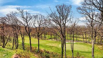 A golf course with a clear sky, surrounded by leafless trees.