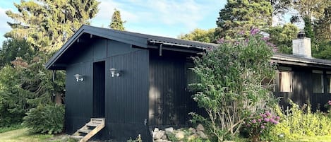 Een zwarte houten tuinhuis met een deur en een kleine trap die erheen leidt, omringd door gras en verschillende planten.