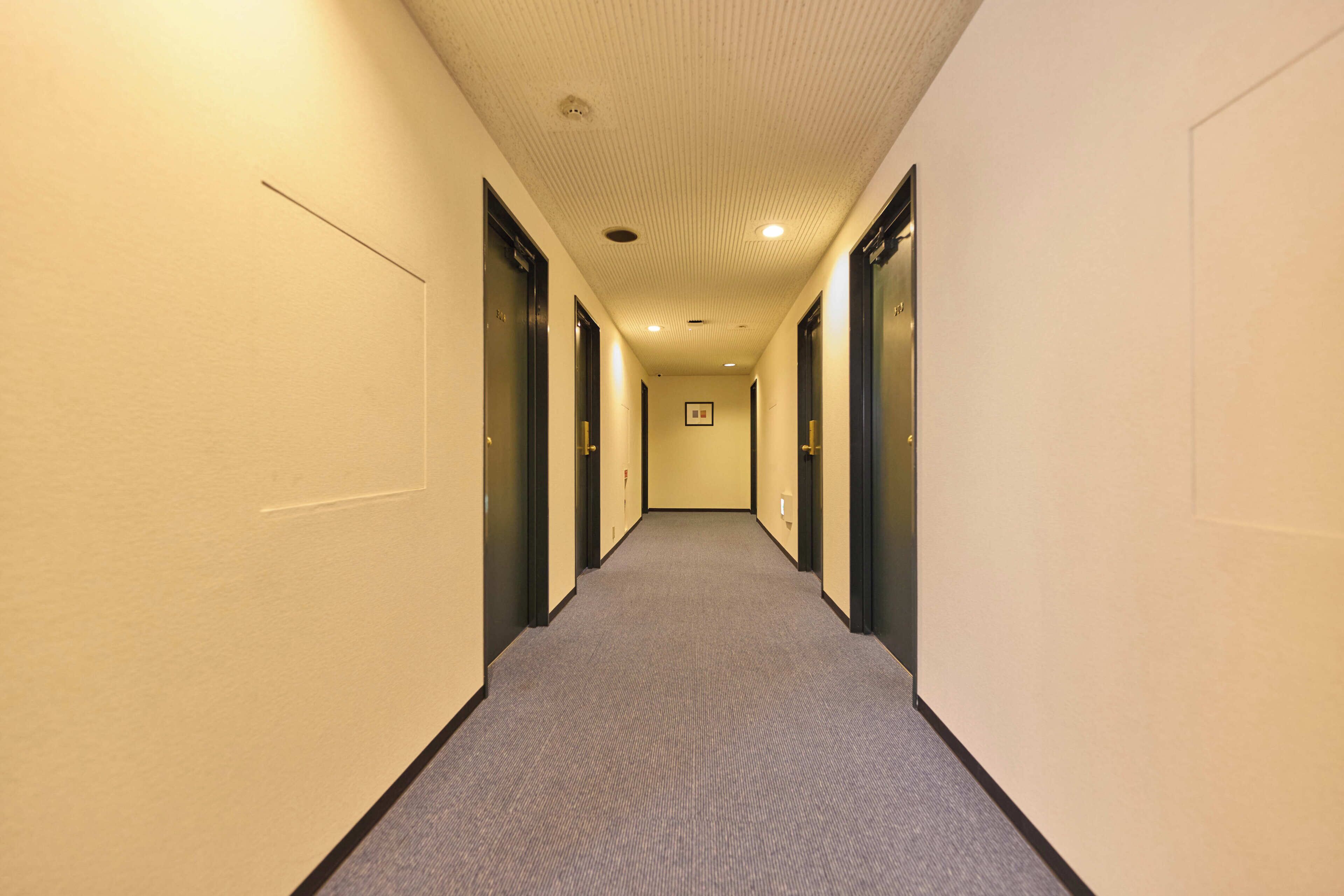 A hotel hallway with carpeted floors, doors on both sides, and a textured ceiling.