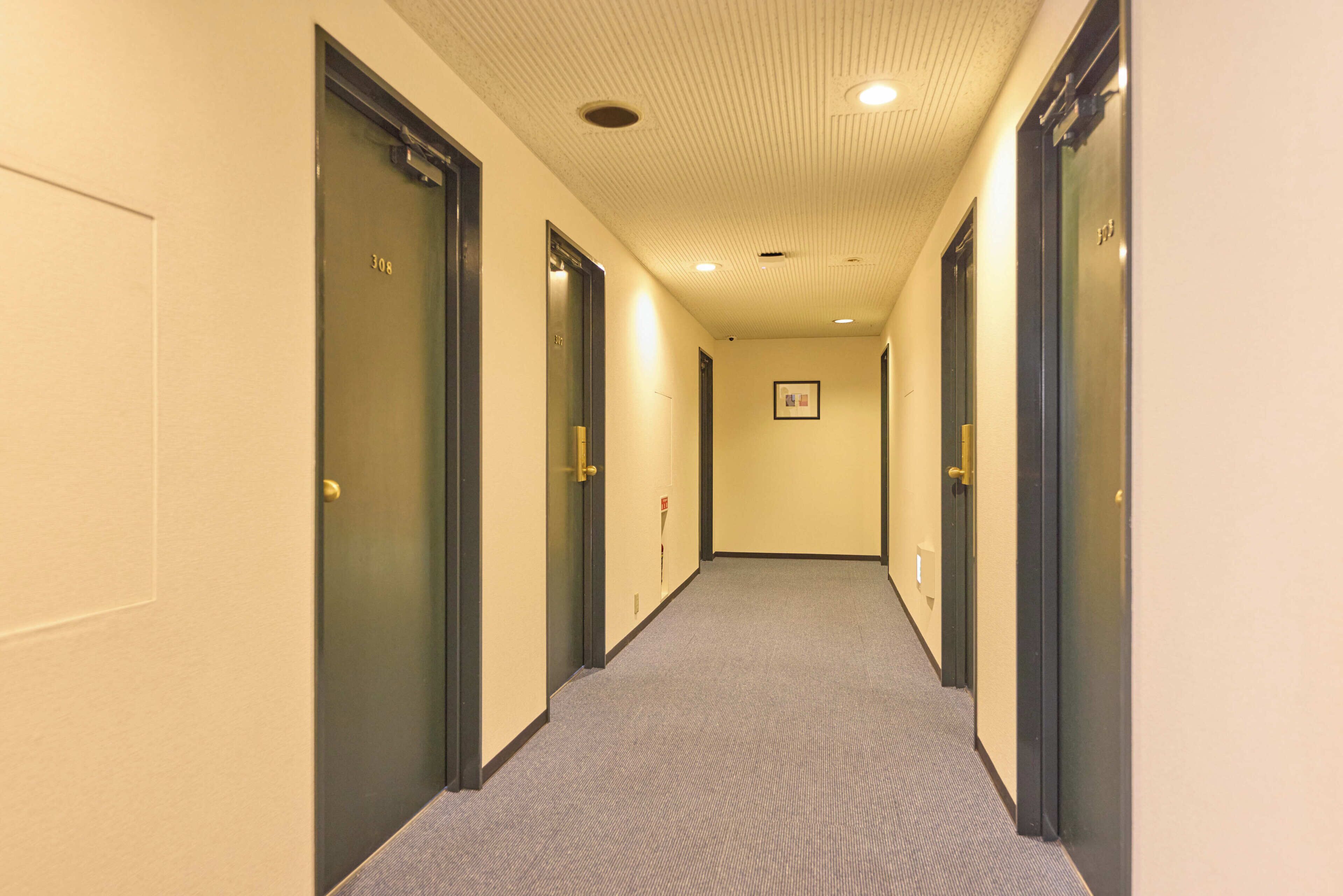 A hotel hallway with doors on both sides, carpeted floor, and a ceiling with recessed lighting.