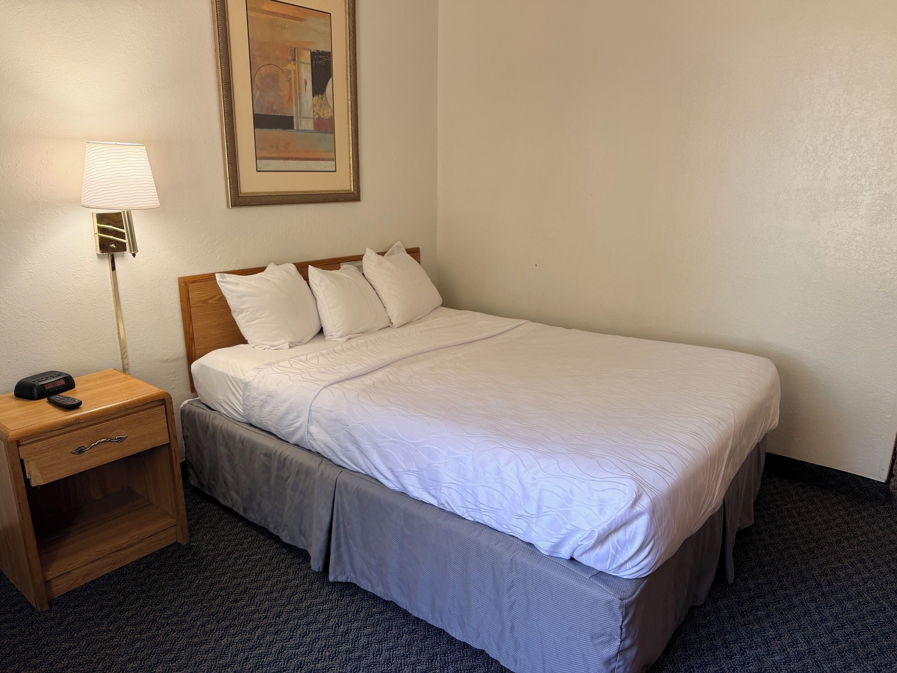 A hotel room with a bed, a nightstand with a lamp, and a painting on the wall.