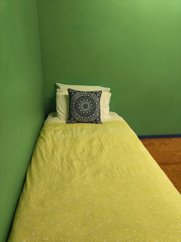 A single bed with a green wall and a patterned pillow.
