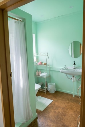 A bathroom with a white sink, a mirror, and a shower curtain.